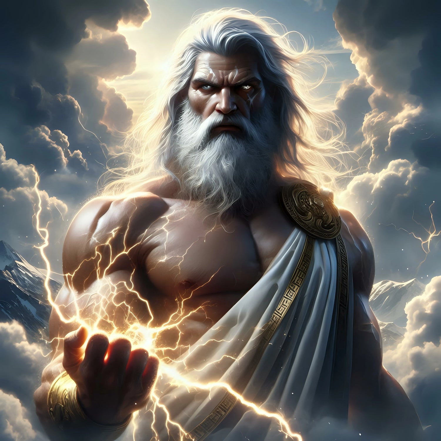 Zeus, the Greek god of thunder, stands powerfully amid stormy clouds. With a fierce gaze, flowing white beard, and gold-accented toga, he holds crackling lightning in his hand, symbolizing strength and authority.