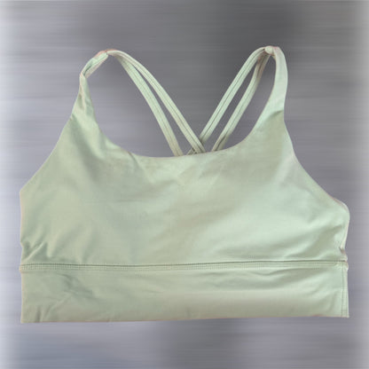 Front view: Light sage green Aphrodite Chill Sports Bra with strappy back design – comfortable, stylish women's activewear from Sportik athletikS